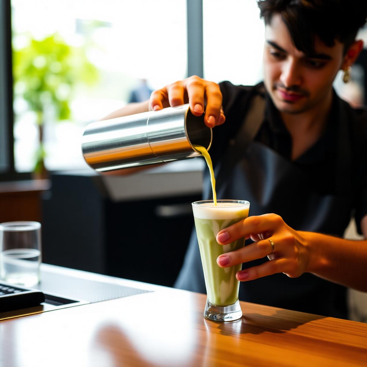 Barista versant un matcha latte au comptoir